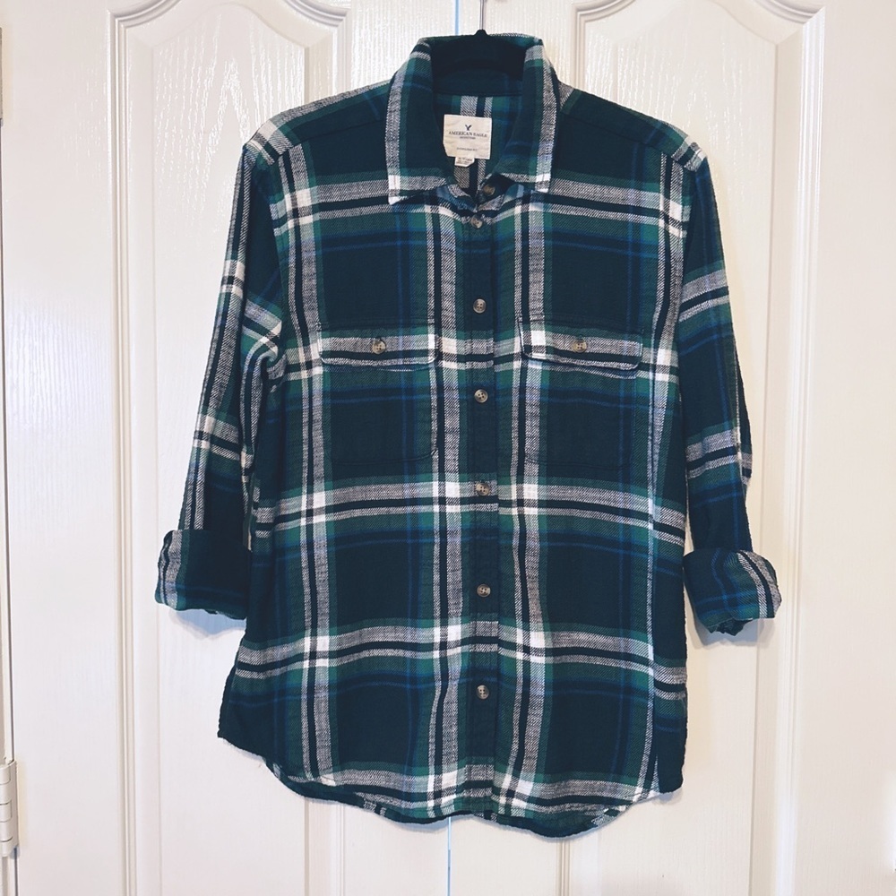 American Eagle Outfitters Plaid Button Down Flannel Shirt Size XS Blue Green